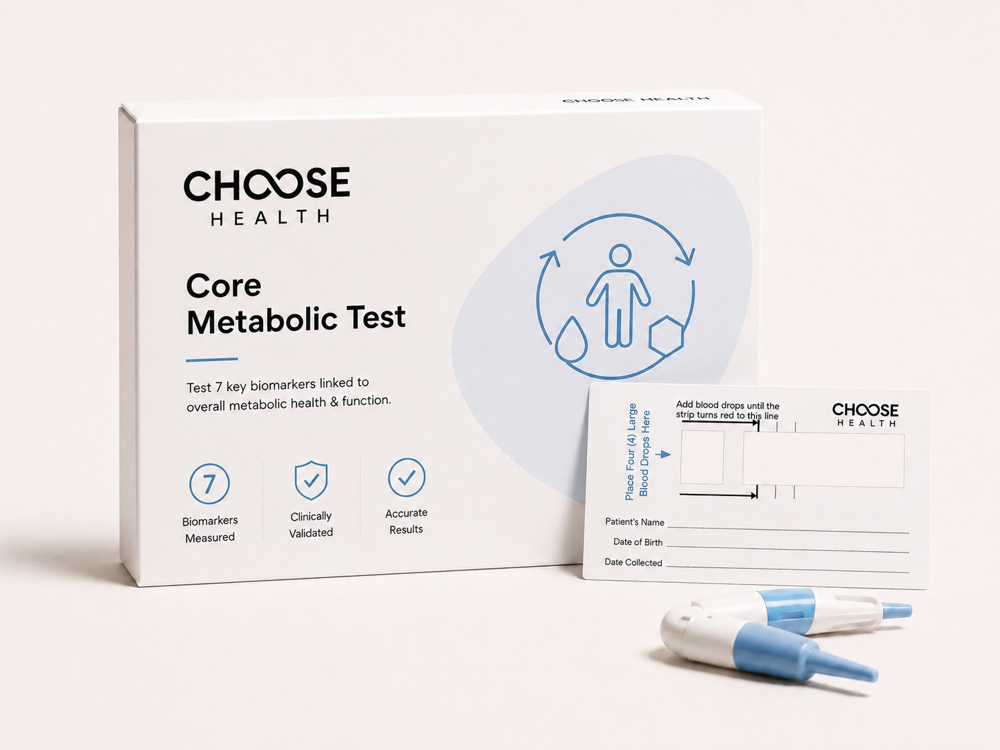 The Choose Health Core Metabolic Test kit, with the blood collection card and lancets